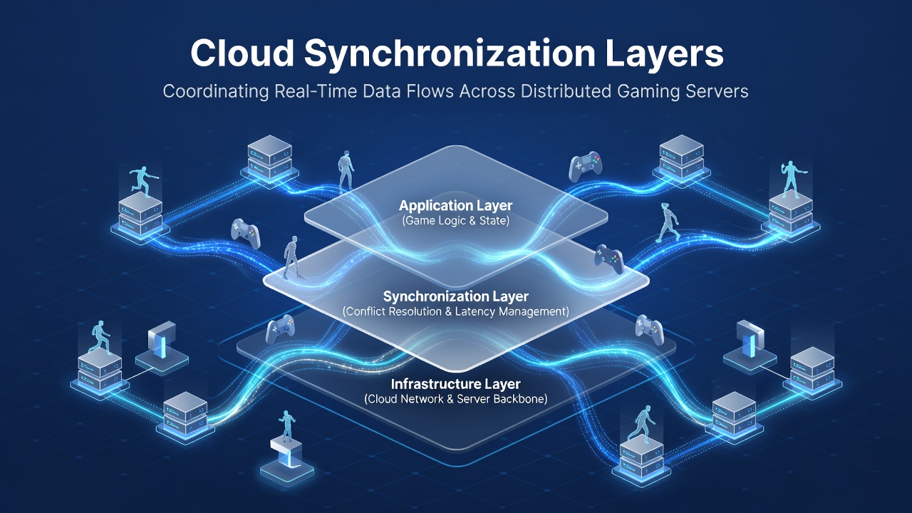 Flowchart illustrating real-time data synchronization across multiple regional gaming servers using cloud layers