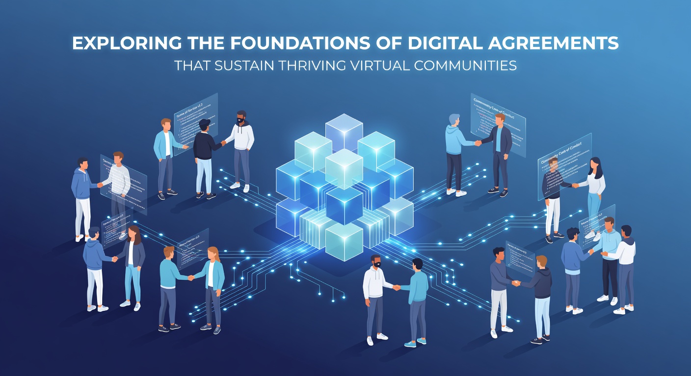 Community members collaborating under structured digital guidelines in a virtual space
