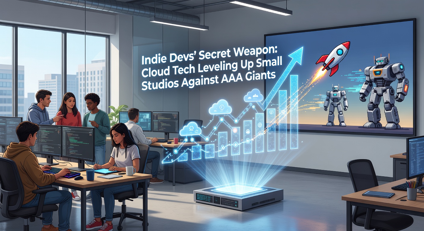 Cloud server racks humming with data, overlaid with indie game screenshots scaling to millions of users