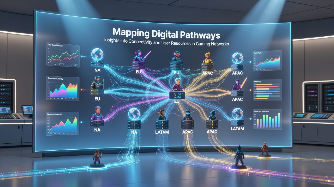 Interactive dashboard displaying user connectivity resources and network mapping tools for gamers