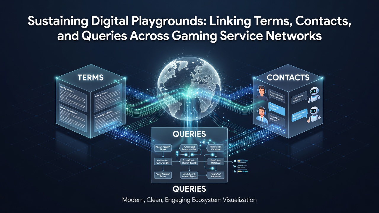 Diagram depicting query management workflows connecting support contacts to gaming terms across multiple service networks