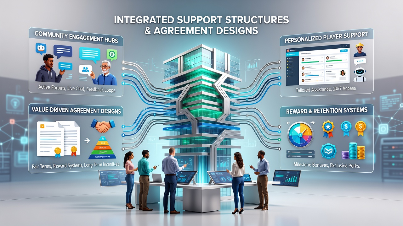 Diagram showing how player agreements and support teams interact within gaming platforms to maintain engagement across regions