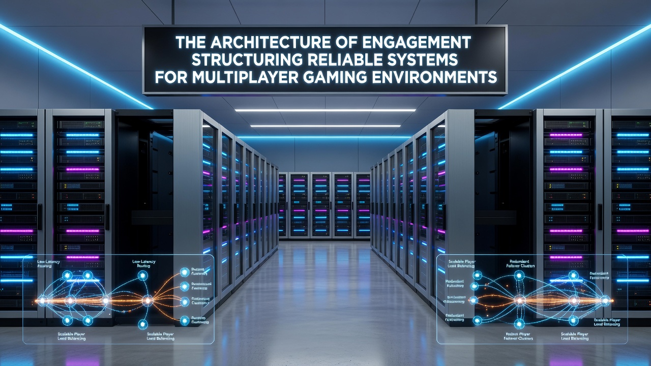 Backend infrastructure visualization with database shards, API gateways, and monitoring dashboards for multiplayer environments