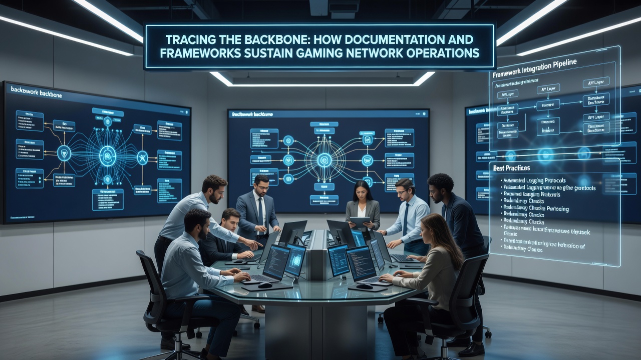 Developers reviewing framework diagrams and documentation on large screens in a collaborative workspace