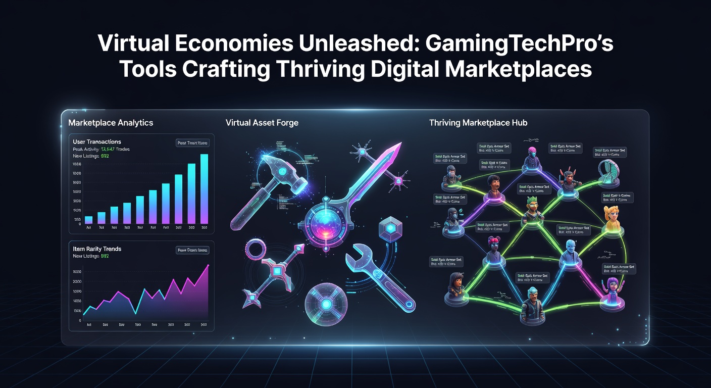 Developers at workstations configuring virtual economy dashboards with graphs showing supply curves, transaction flows, and player engagement metrics